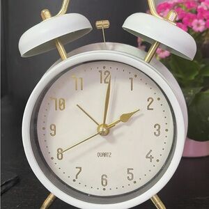 Quartz White and Gold Twin Bell Alarm Clock - Classic Home Wall Decor